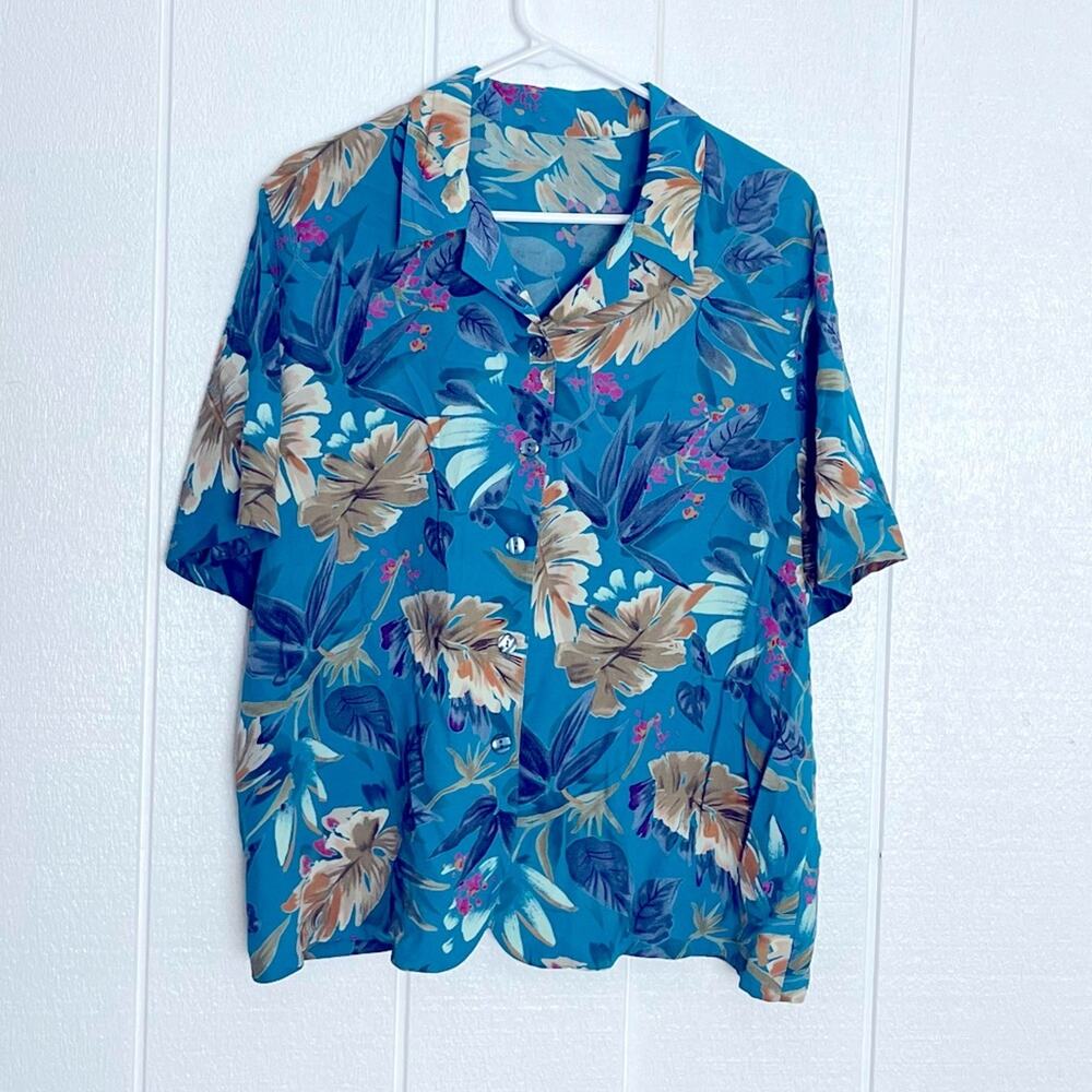 Vintage Colorful Women's Hawaiian Shirt Short Sleeve Teal Blue Aqua Floral XL - Picture 2 of 9